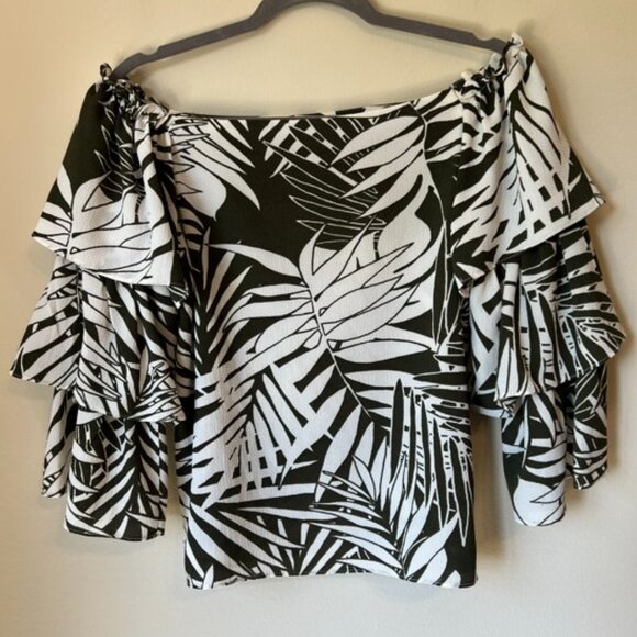Design Lab Lord & Taylor Green & White Tropical Off-Shoulder Top Women's Size S - Picture 1 of 4